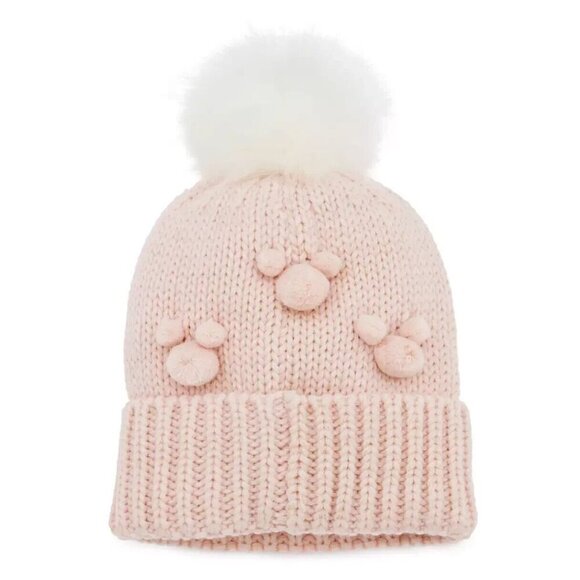 Disney Mickey Mouse Knitted Pom Beanie Hat Adults Pink White Worn 1X - Picture 2 of 4